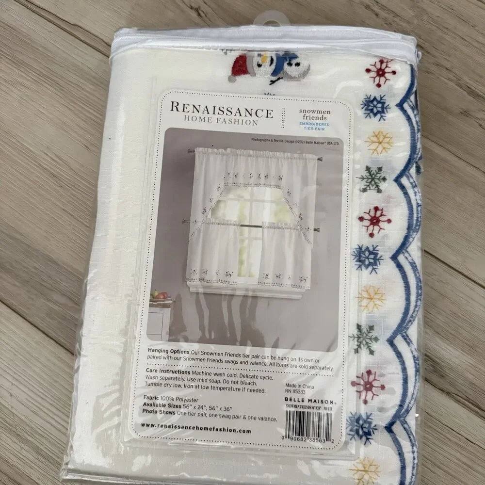 Renaissance Home Fashion Snowman Friends 24” Embroidered Tier Pair  New